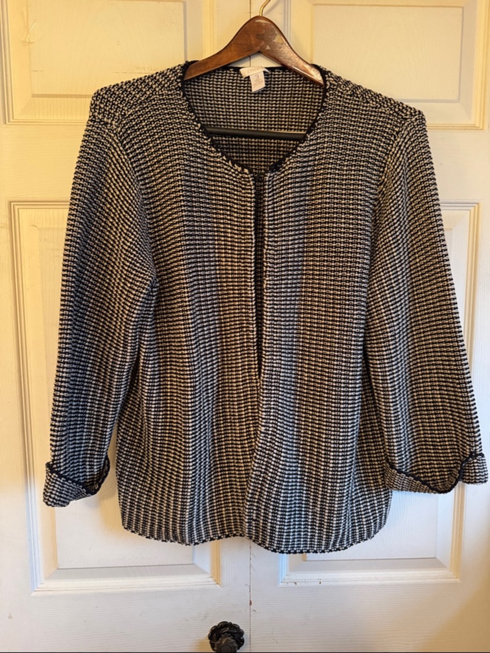 Chico's Black and White Textured Open-Front Cardigan